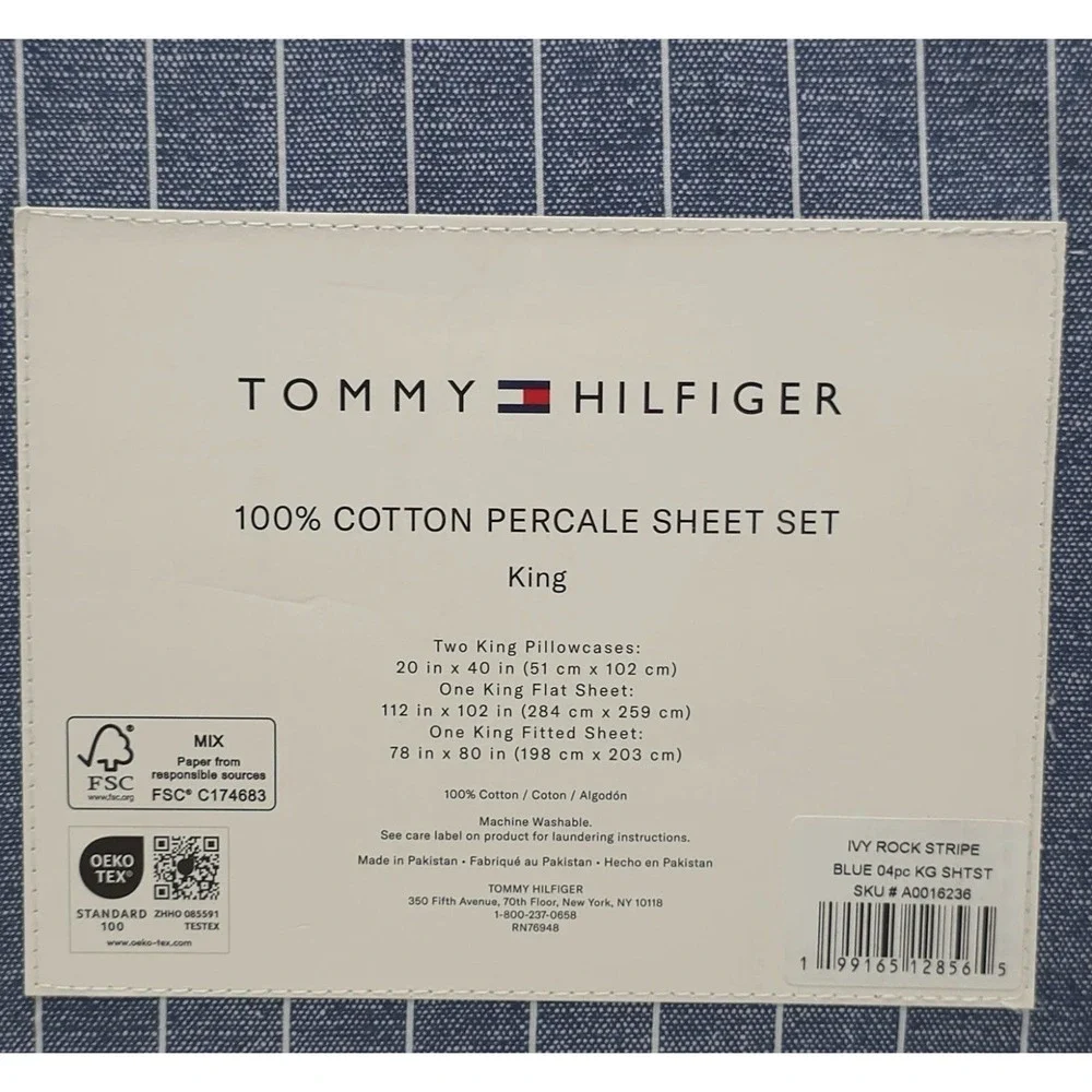 Tommy Hilfiger 100% Cotton Percale King Sheet Set Blue Stripe 4-Piece Denim Blue
